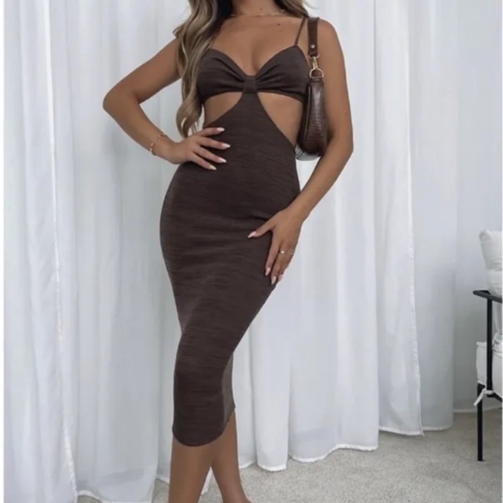 White Fox Boutique Brown Midi Cutout Bodycon Dress